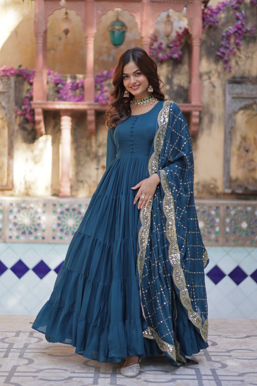 Sttuning 15 Mtr Flared Georgette Stitched Designer Ruffle Gown