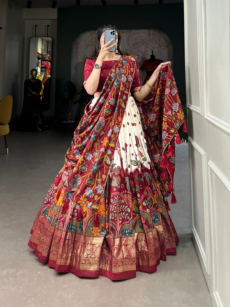Stunning Tussar Silk Kalamkari Printed Foil Worked Lehenga Choli