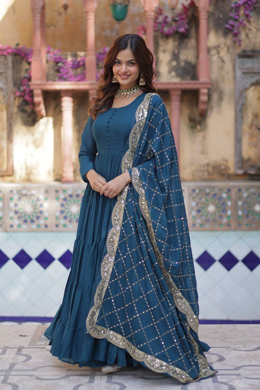 Sttuning 15 Mtr Flared Georgette Stitched Designer Ruffle Gown