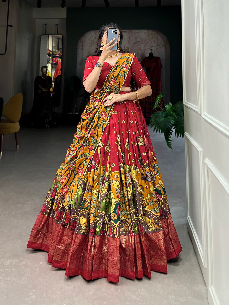 Stunning Tussar Silk Kalamkari Printed Foil Worked Lehenga Choli