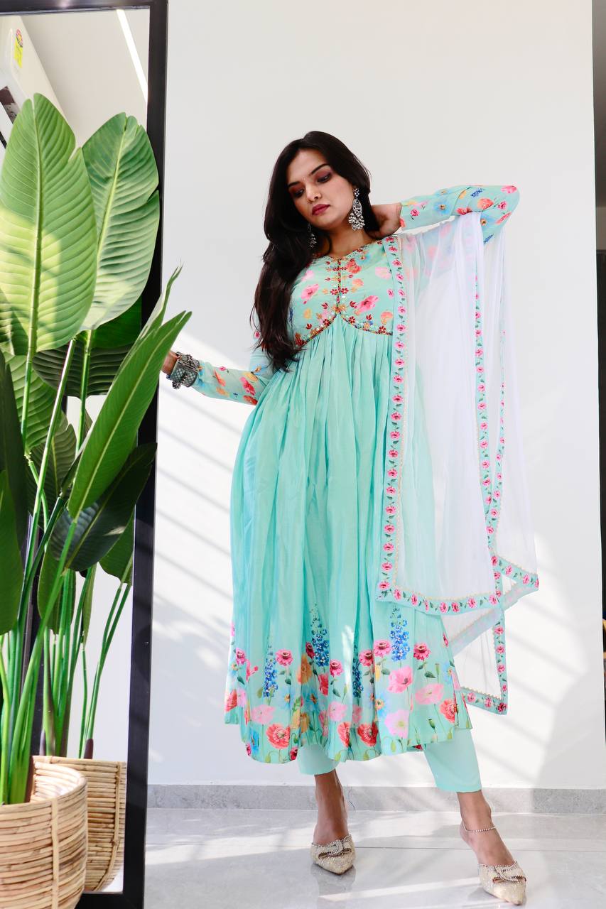 Ravishing Sky Blue Soft Chinon Floral Printed Handworked Anarkali Pant Suit