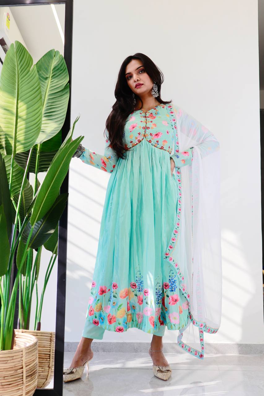 Ravishing Sky Blue Soft Chinon Floral Printed Handworked Anarkali Pant Suit