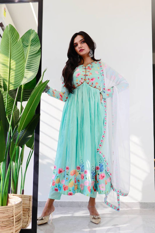 Ravishing Sky Blue Soft Chinon Floral Printed Handworked Anarkali Pant Suit