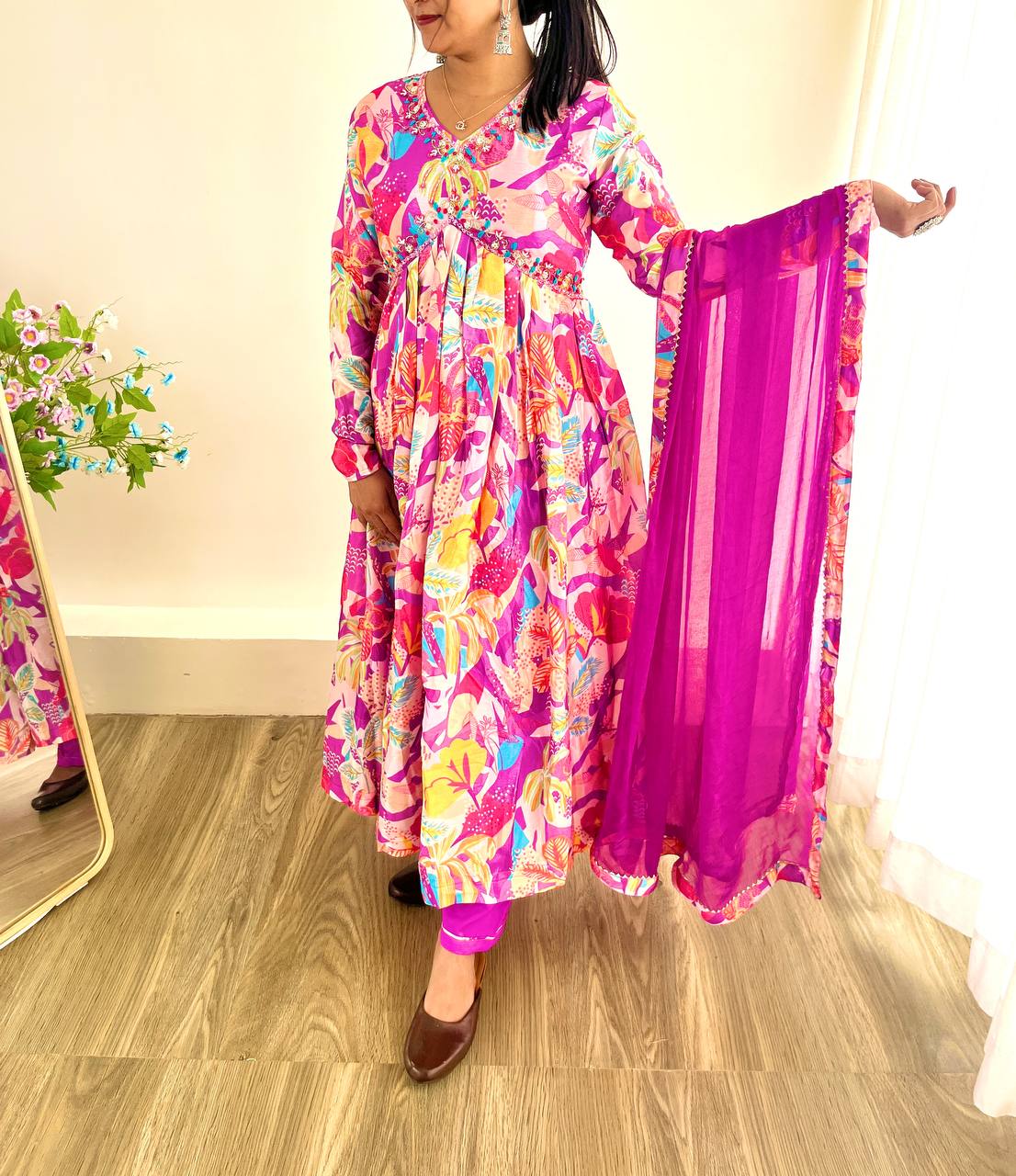 Spellbinding Soft Chinon Floral Printed Handworked Anarkali Pant Suit