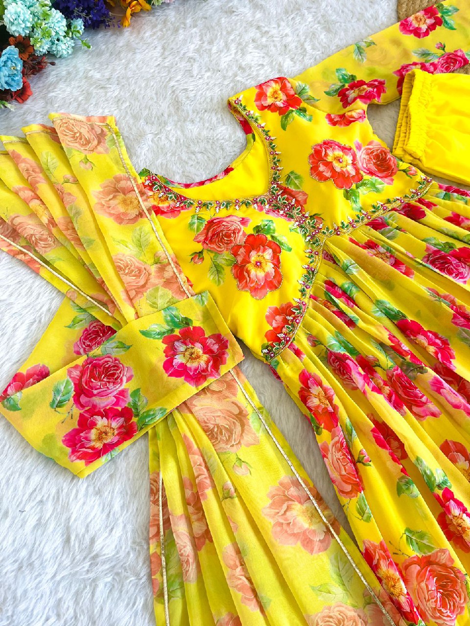 Spellbinding Yellow Faux Georgette Floral Handworked Anarkali Pant Suit