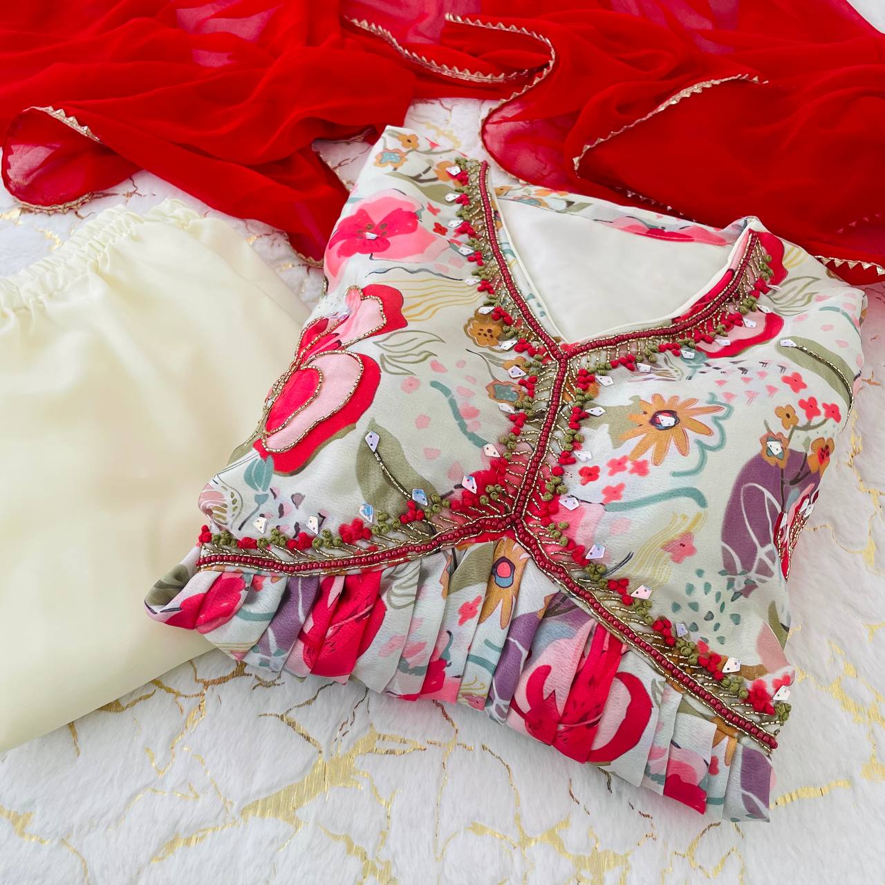Graceful Soft Chinon Floral Printed Handworked Festive Wear Suit