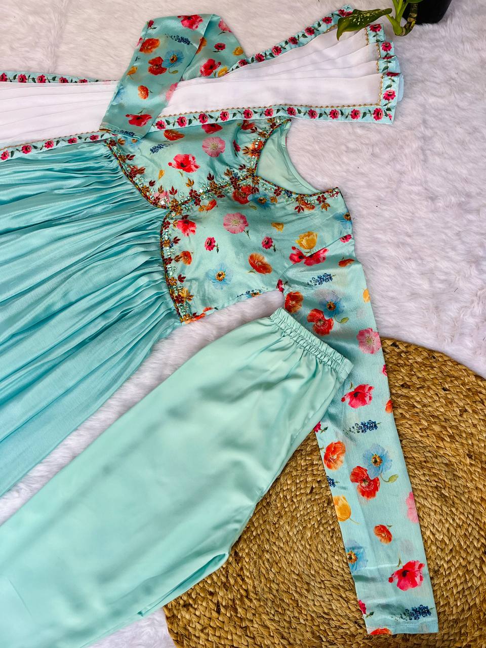 Ravishing Sky Blue Soft Chinon Floral Printed Handworked Anarkali Pant Suit