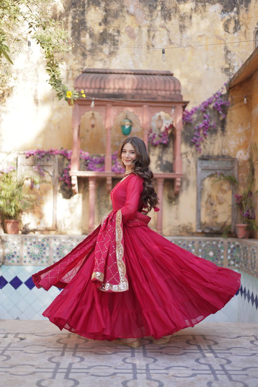 Sttuning 15 Mtr Flared Georgette Stitched Designer Ruffle Gown