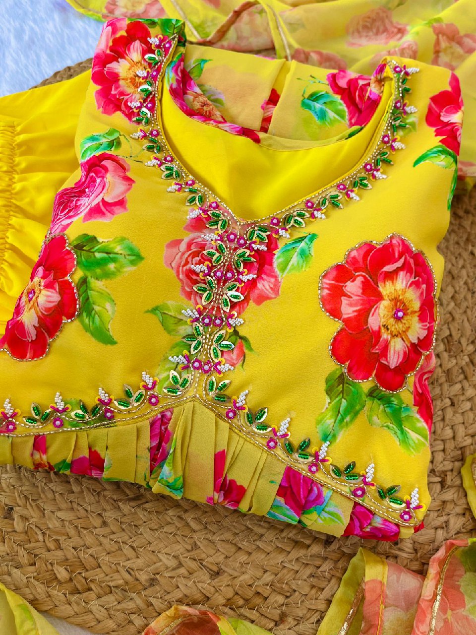 Spellbinding Yellow Faux Georgette Floral Handworked Anarkali Pant Suit