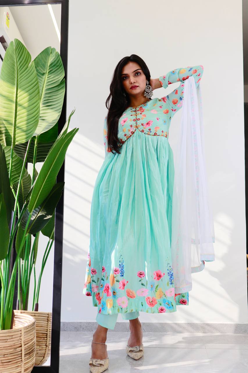 Ravishing Sky Blue Soft Chinon Floral Printed Handworked Anarkali Pant Suit