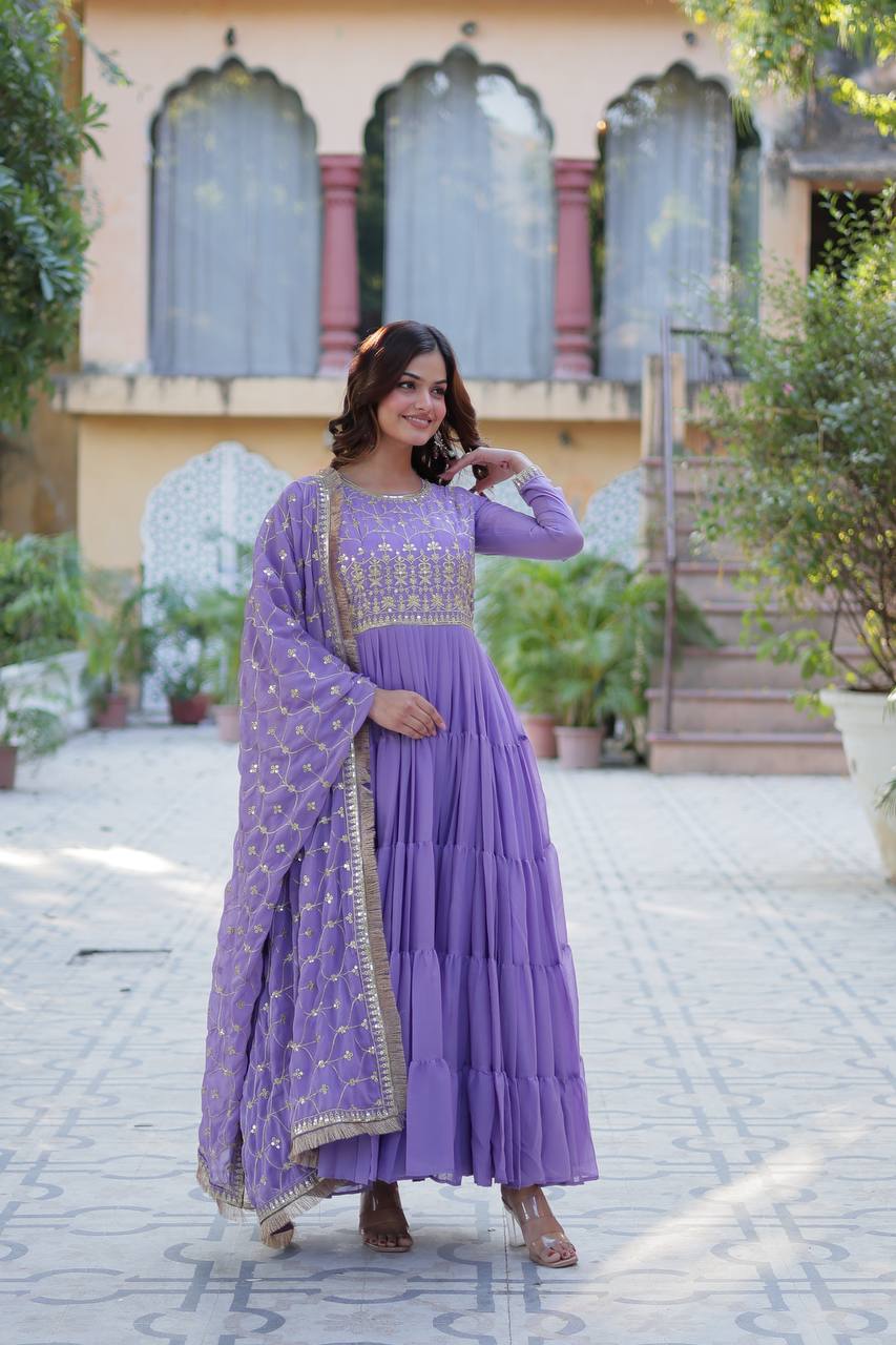 Spellbinding Georgette Ruffle Sequins Embroidered Gown With Dupatta