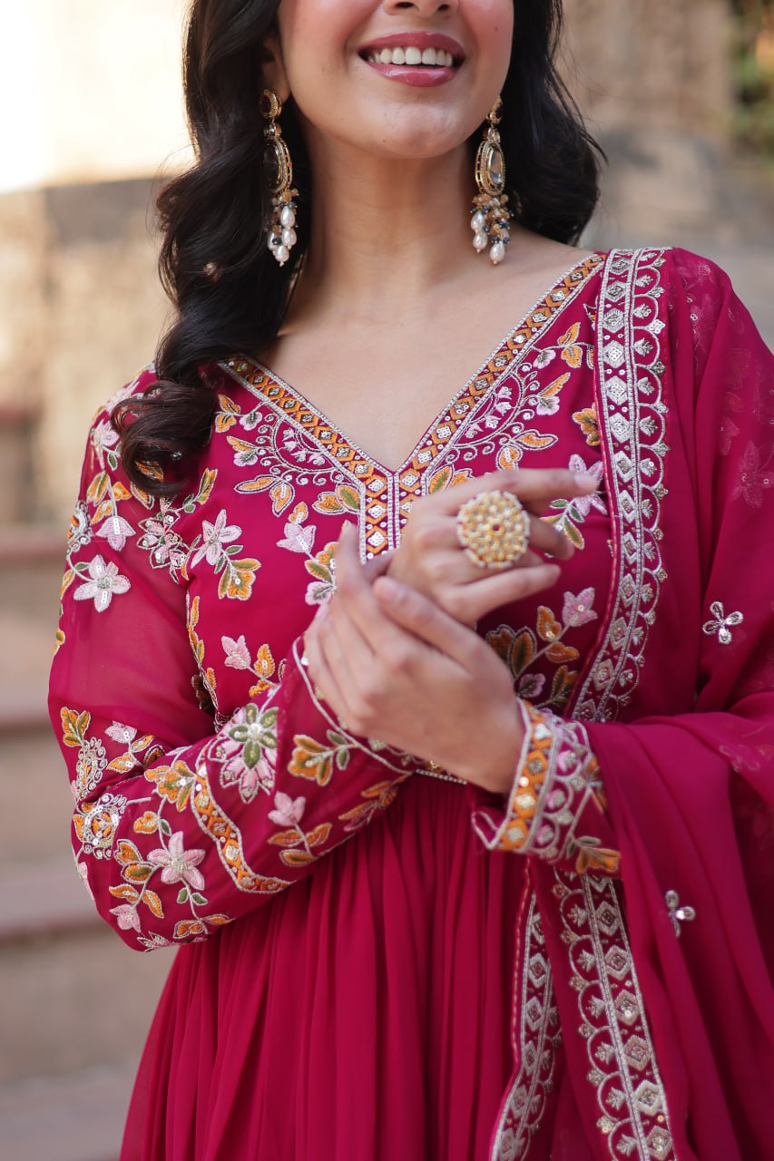 Magnificent Faux Georgette Zari Sequins Embroidered Gown With Dupatta