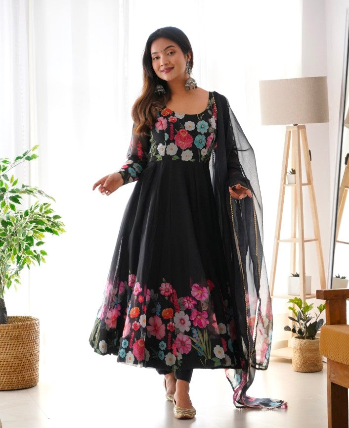 Breathtaking Organza Silk Floral Printed Designer Anarkali Pant Suit
