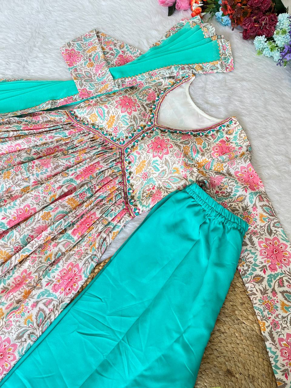 Lovely Soft Chinon Floral Printed Handworked Festival Wear Anarkali Pant Suit
